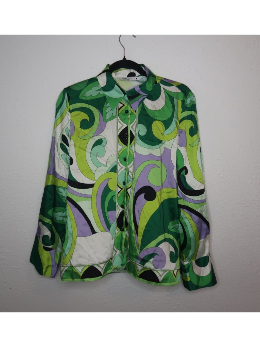 Zara Cream Green Purple Paisley Print Longsleeve Button Down